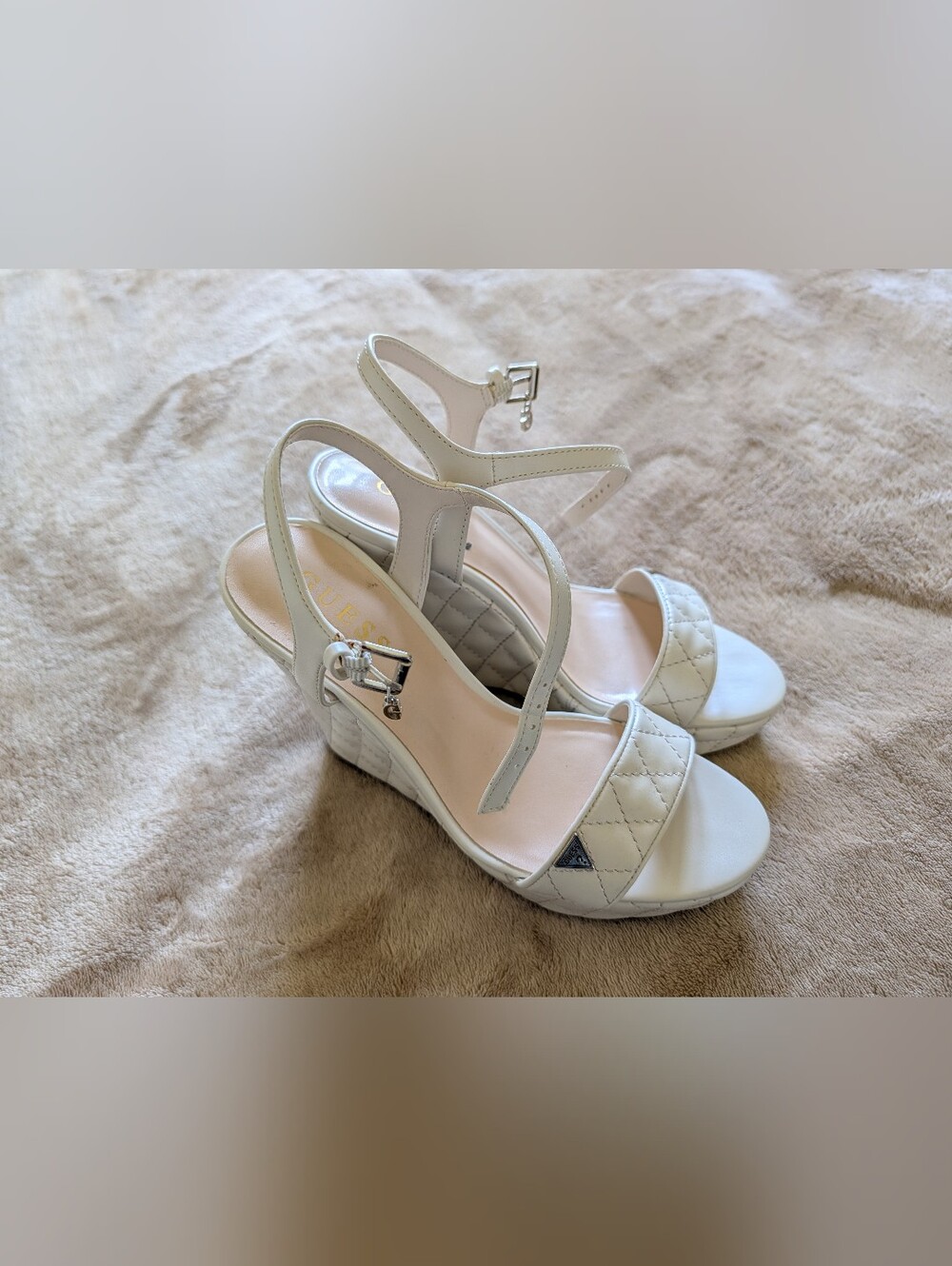 GUESS Women’s White Quilted Wedge Sandals with Ankle Strap
